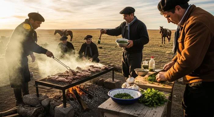 Gauchos argentini preparano asado con salsa chimichurri su griglia