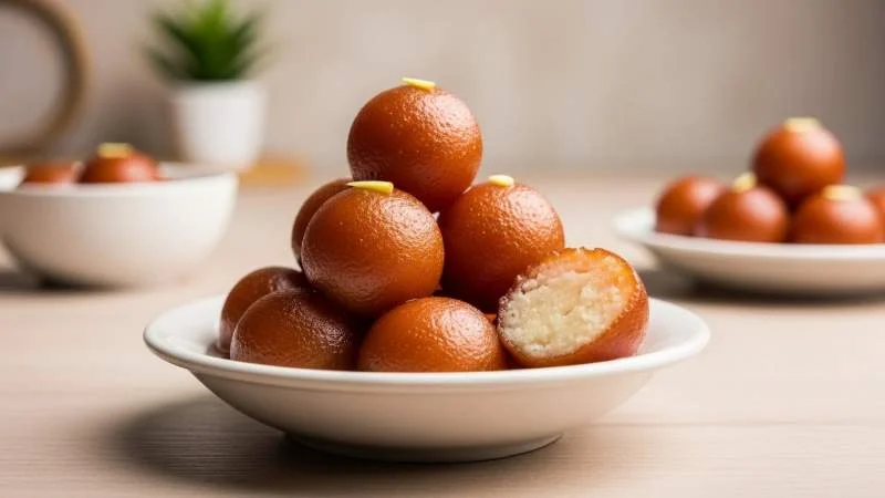 Gulab jamun in ciotola di ceramica su tovaglia rossa, palline dorate immerse in sciroppo
