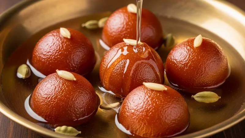 Gulab jamun immersi in sciroppo al cardamomo e acqua di rose