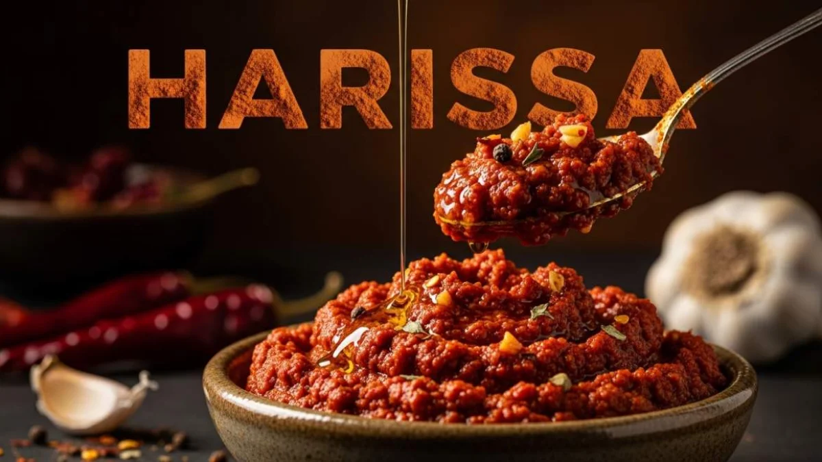 Pasta harissa piccante con spezie del Maghreb servita in una ciotola di ceramica tradizionale