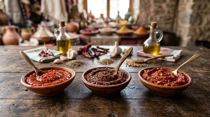 Diverse varianti regionali di harissa tunisina, marocchina e libica a confronto