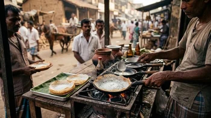 Hoppers fermentati cotti su piastra a carbone nello street food di Colombo, Sri Lanka