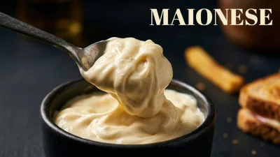 Maionese cremosa sollevata da un cucchiaio con consistenza densa, liscia e invitante in primo piano