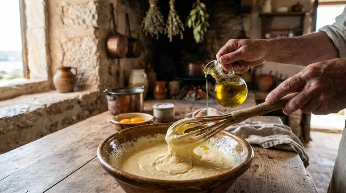 Preparazione antica della maionese con uova e olio in una cucina mediterranea con consistenza cremosa naturale