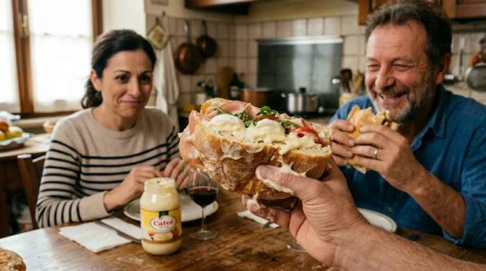 Panino con maionese tenuto in mano con reazioni contrastanti tra chi lo mangia e chi lo rifiuta in ambiente domestico