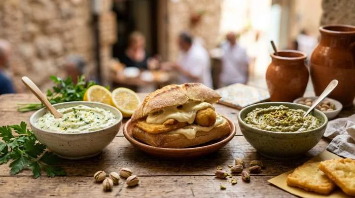 Varietà di maionese con limone, prezzemolo e pistacchio servite in diverse preparazioni italiane