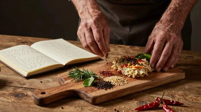 Mani preparano ingredienti freschi per il rendang su tavolo rustico
