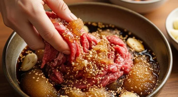 Marinatura scura e lucida preparata per insaporire la carne del bulgogi