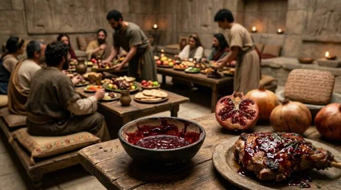 Melassa di melograno in un piatto di ceramica, ispirata alle antiche tradizioni culinarie del Vicino Oriente