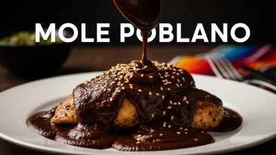 Mole poblano messicano con salsa scura e ricca servito in un piatto tradizionale