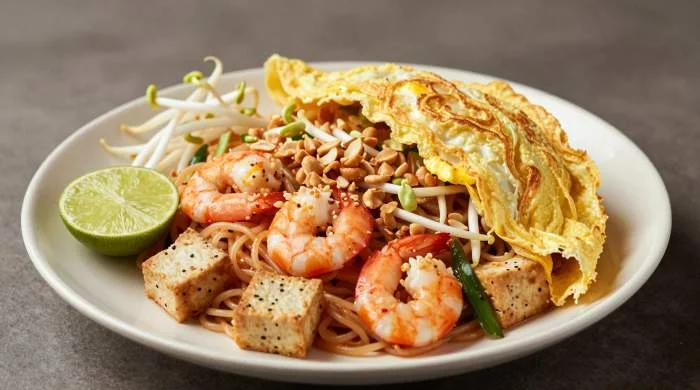 Pad Thai avvolto in omelette sottile, guarnito con arachidi tritate e spicchi di lime