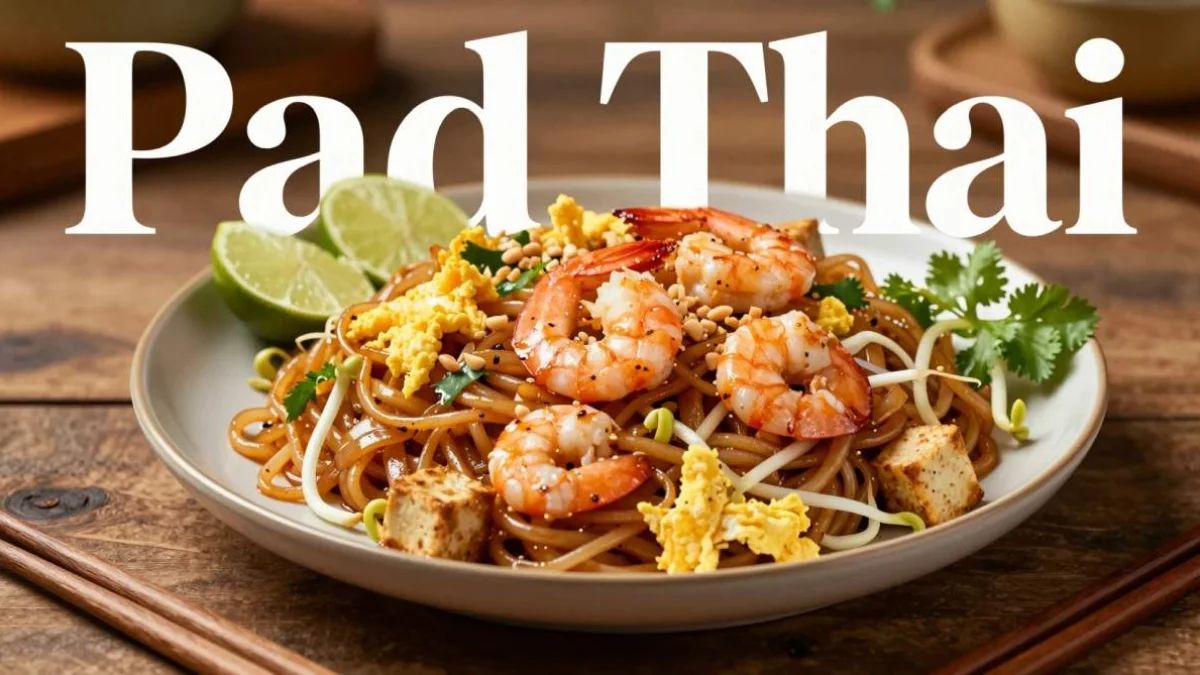 Pad Thai thailandese con gamberi, uova e arachidi tritate servito caldo