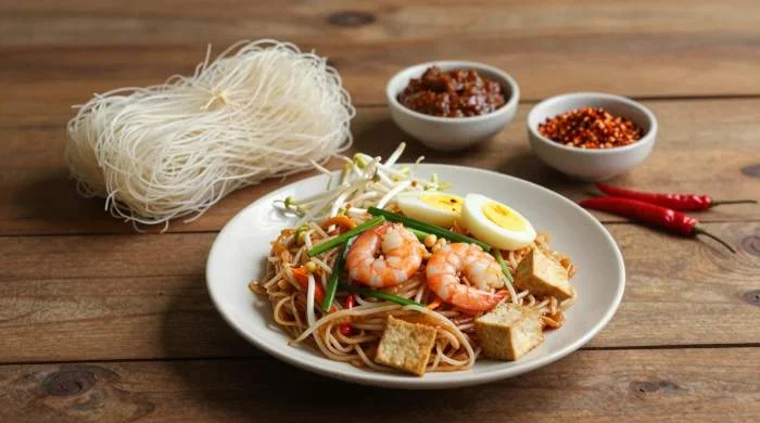 Ingredienti per Pad Thai: noodles di riso, gamberi, germogli di soia, spezie e arachidi