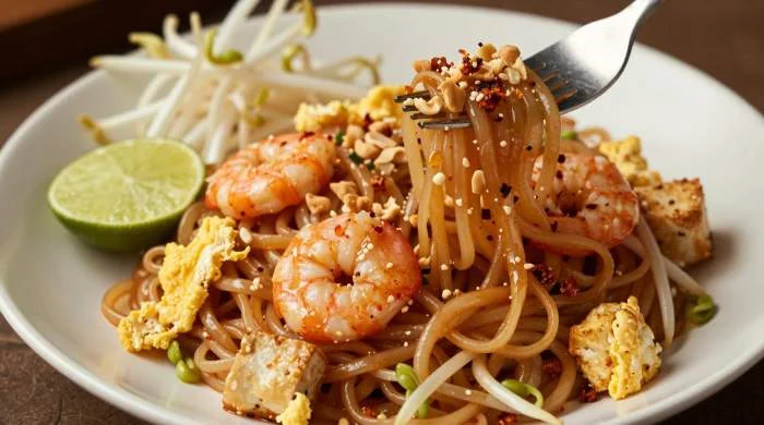 Pad Thai con noodles di riso, gamberi, germogli di soia e spicchi di lime fresco