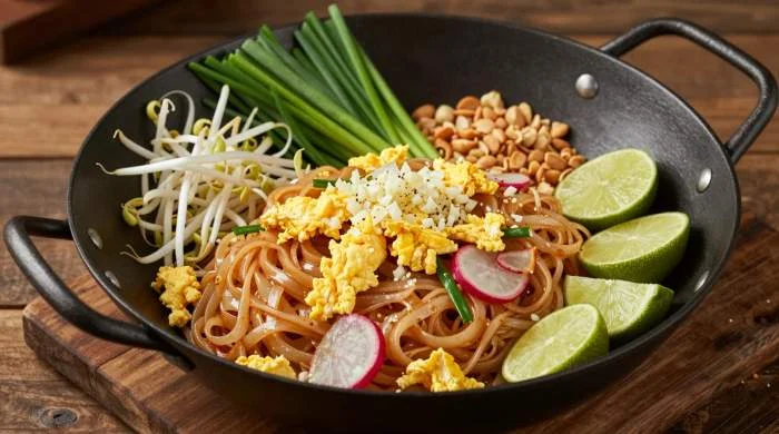 Pad Thai saltato nel wok con germogli di soia, erba cipollina e spicchi di lime