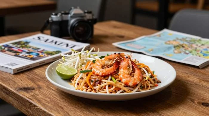 Pad Thai servito accanto a guida turistica, mappa e fotocamera