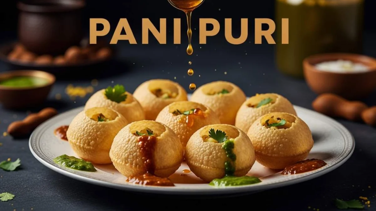 Pani puri indiano ripieno di salse e spezie servito come tipico street food