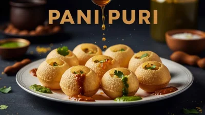 Pani puri indiano ripieno di salse e spezie servito come tipico street food