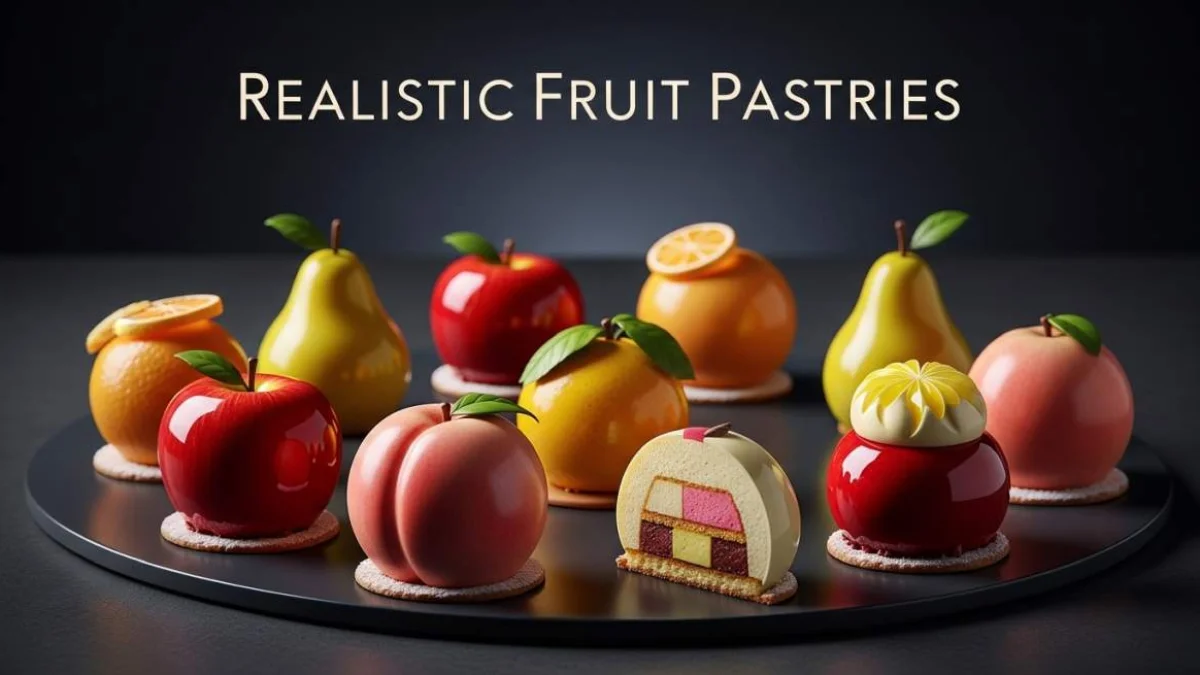 Pasticcini gourmet a forma di frutta realistica ricoperti da glassa lucida