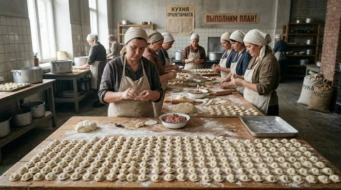 Produzione collettiva di pelmeni nell’Unione Sovietica durante gli anni Trenta