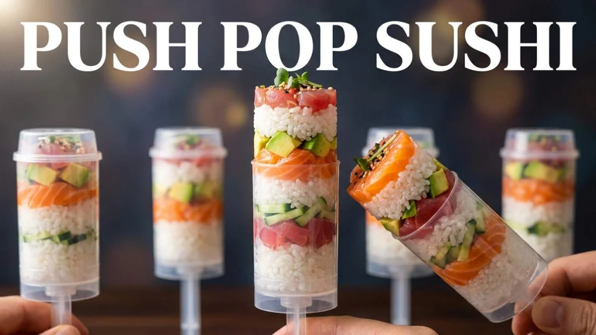 Push pop sushi con strati di riso, salmone e avocado in una presentazione moderna e colorata