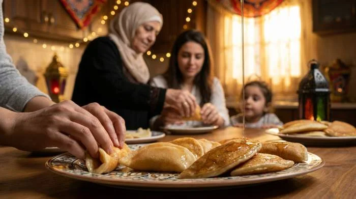 Famiglia prepara qatayef fritto in olio bollente durante il Ramadan