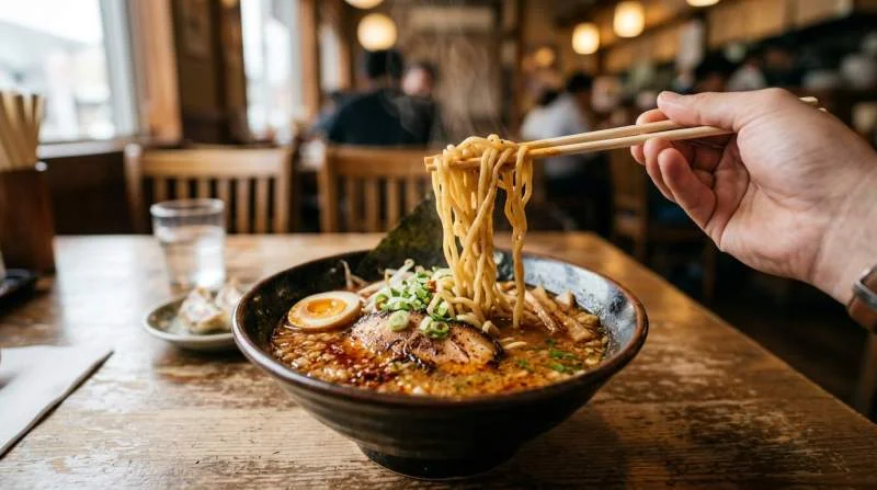 Ramen miso piccante fumante con noodles sollevati e brodo ricco che trasmette comfort e semplicità quotidiana
