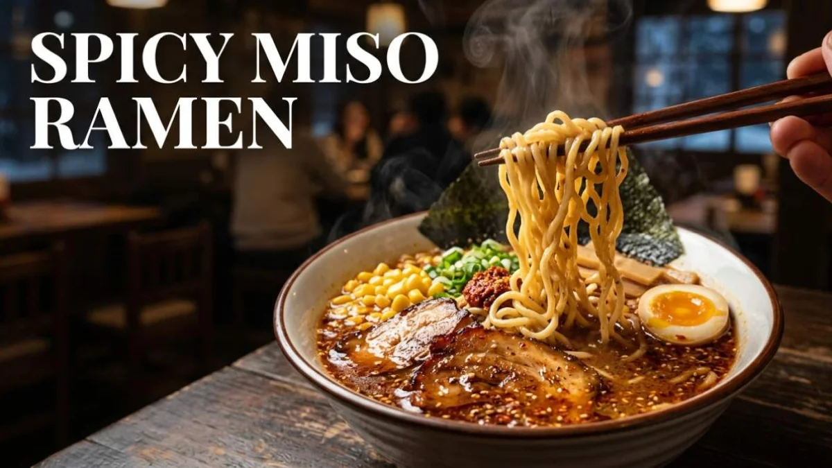 Ramen miso piccante con brodo ricco e noodles sollevati con vapore visibile in un’atmosfera calda