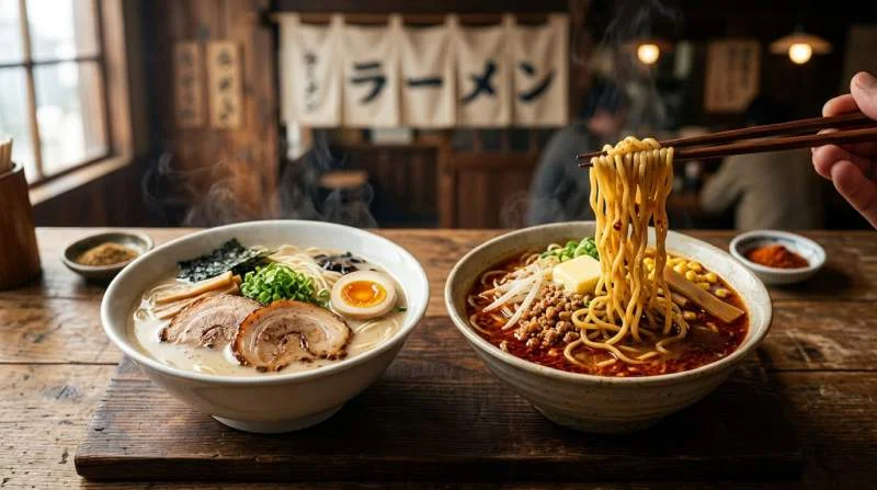 Due ciotole di ramen tonkotsu e miso con brodi diversi che mostrano le varianti regionali giapponesi