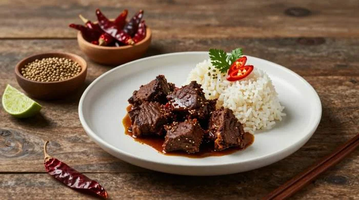 Rendang con carne e spezie servito con riso in presentazione moderna