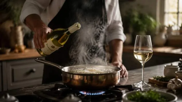Riduzione di vino bianco utilizzata nella preparazione classica della salsa olandese