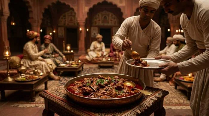 Rogan josh servito in stile imperiale moghul con salsa rossa intensa