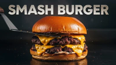 Smash burger con doppio hamburger croccante cotto su una piastra calda