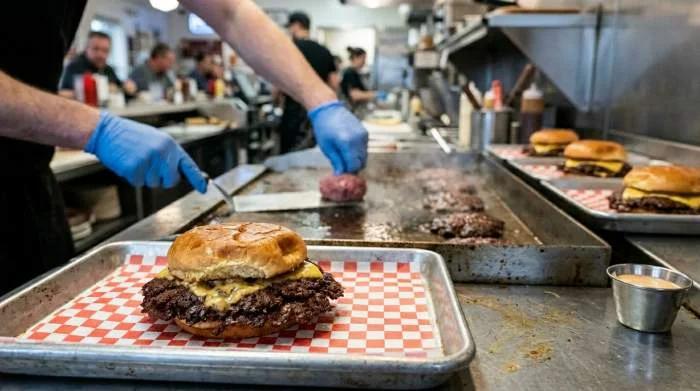 Smash burger cotto su piastra calda con crosticina croccante e formaggio fuso