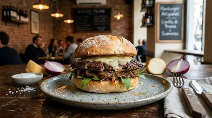 Smash burger italiano con taleggio e scamorza servito in stile street food moderno