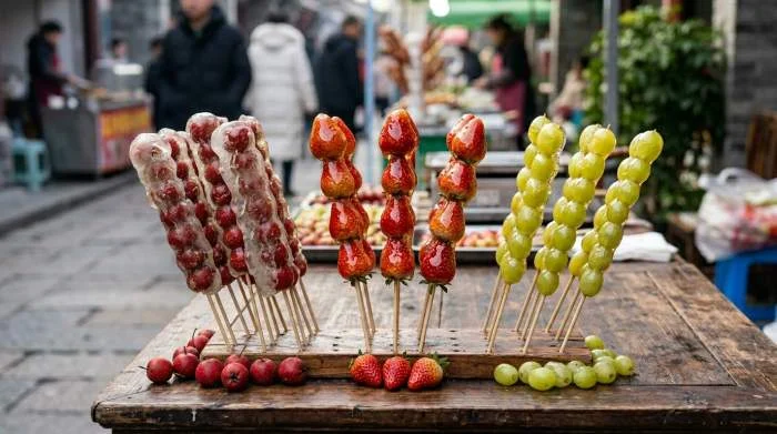 Tanghulu con fragole, uva e biancospino ricoperti da zucchero cristallizzato