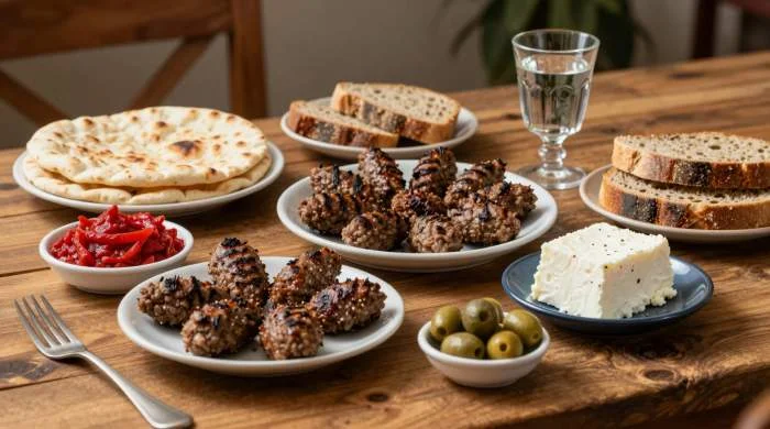 Tavola balcanica con ćevapi, ajvar e formaggio tradizionale