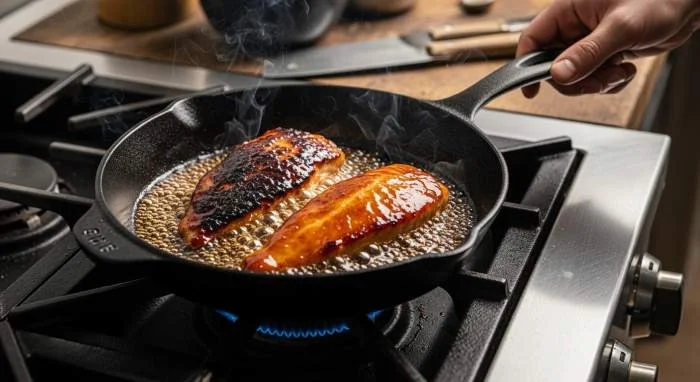 Preparazione del teriyaki in padella di ghisa con caramellizzazione controllata