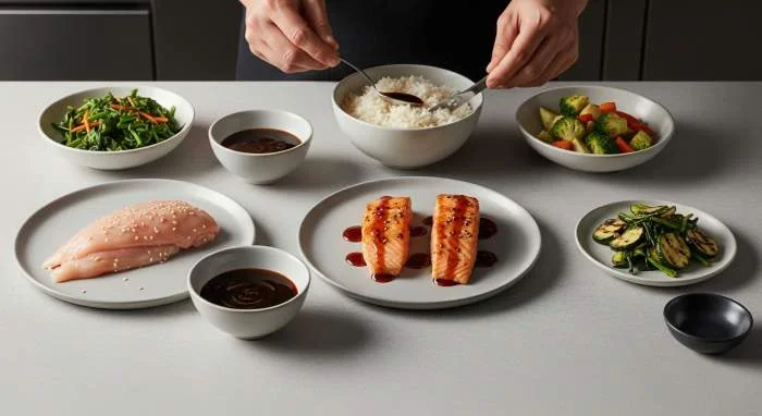 Piatto giapponese equilibrato servito con salsa teriyaki e contorni