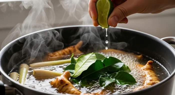 Ingredienti del tom yum versati in pentola durante la preparazione tradizionale thailandese