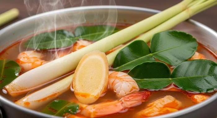 Tom yum thailandese con citronella, galanga e foglie di lime kaffir