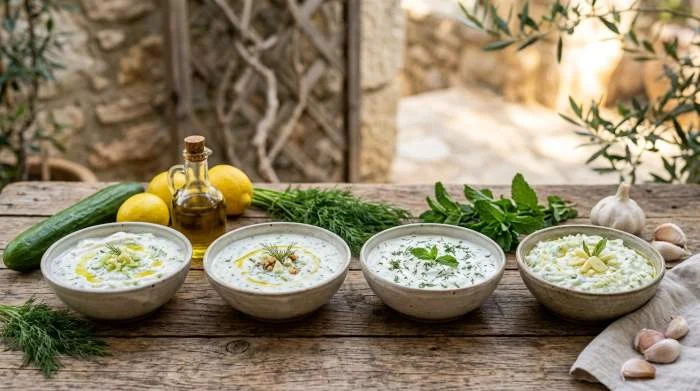Varianti mediterranee e balcaniche di tzatziki con yogurt ed erbe aromatiche