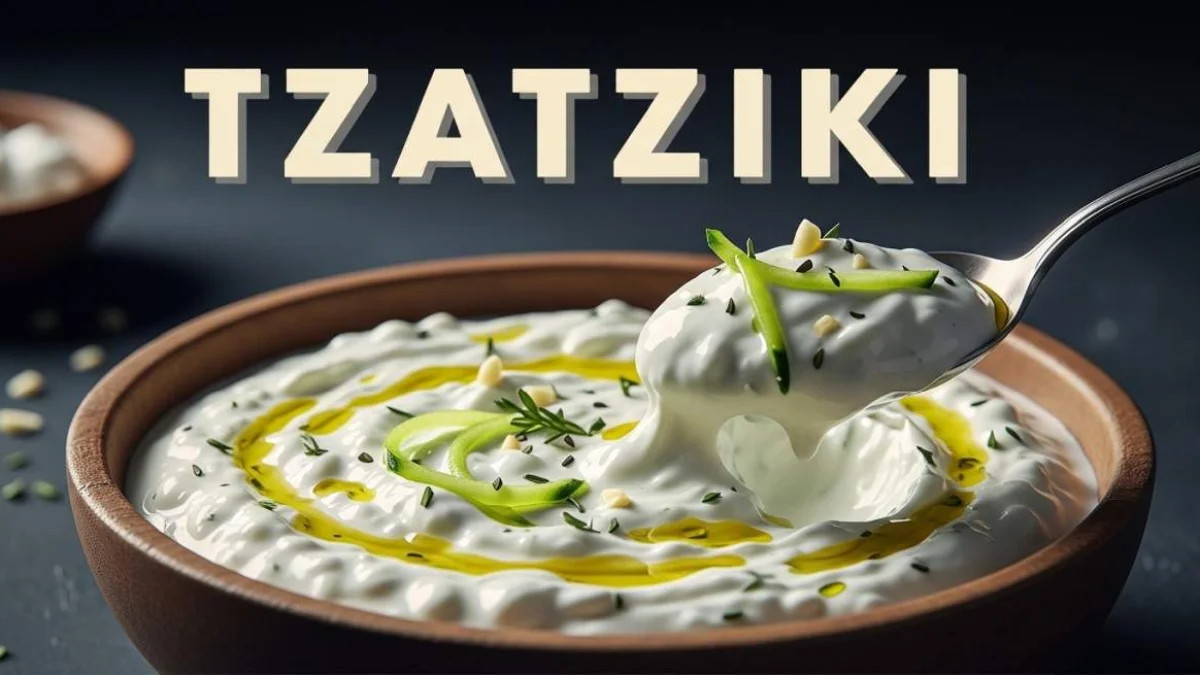 Tzatziki griego cremoso preparado con yogur, pepino fresco y hierbas aromáticas