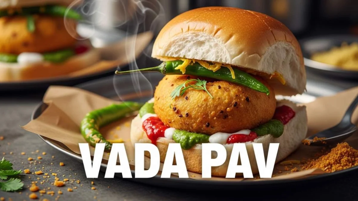 Vada pav di Mumbai servito con chutney e peperoncino fritto come street food indiano