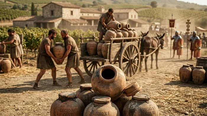 Anfore romane piene di vino utilizzate per produzione e distribuzione in un contesto agricolo antico