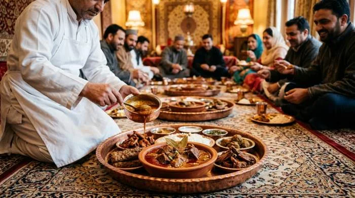 Rogan josh servito nelle fasi centrali del banchetto nuziale wazwan del Kashmir