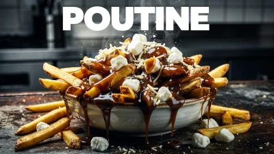 Poutine canadese con patatine fritte, formaggio filante e salsa gravy calda