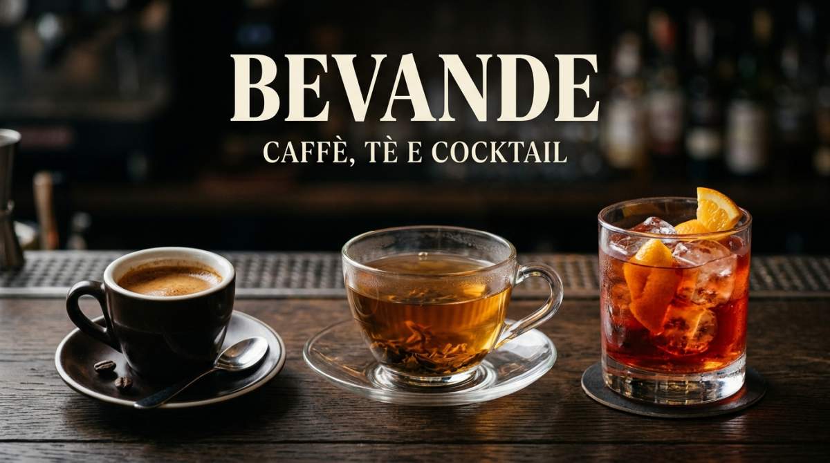 Composizione di bevande con espresso cremoso, tè ambrato e cocktail con ghiaccio e agrumi su sfondo scuro