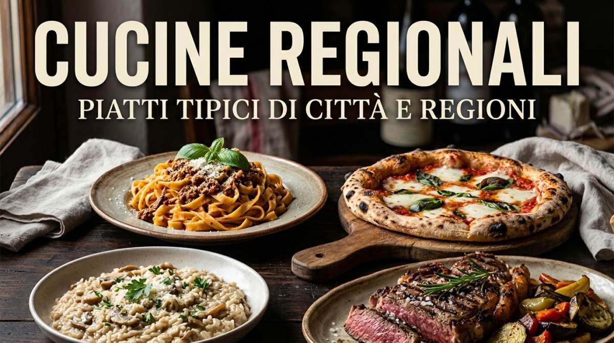 Composizione di piatti tipici italiani con pasta, pizza, risotto e carne in un’unica scena