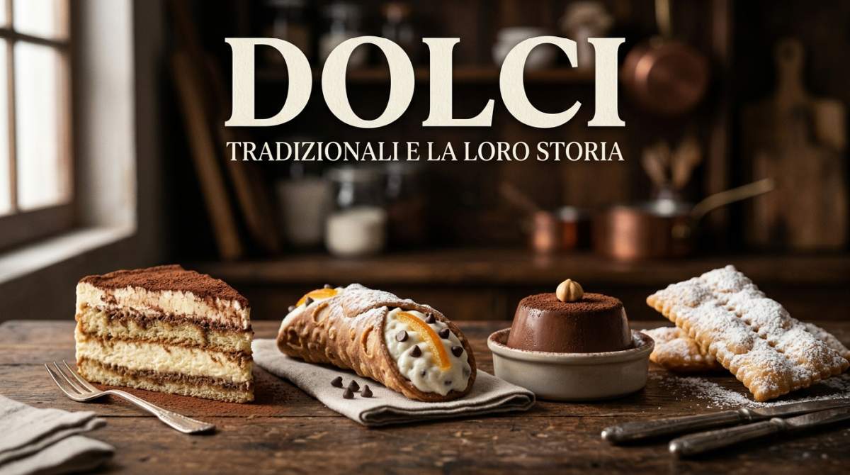Composizione di dolci tradizionali con torte, crema e cioccolato su sfondo scuro